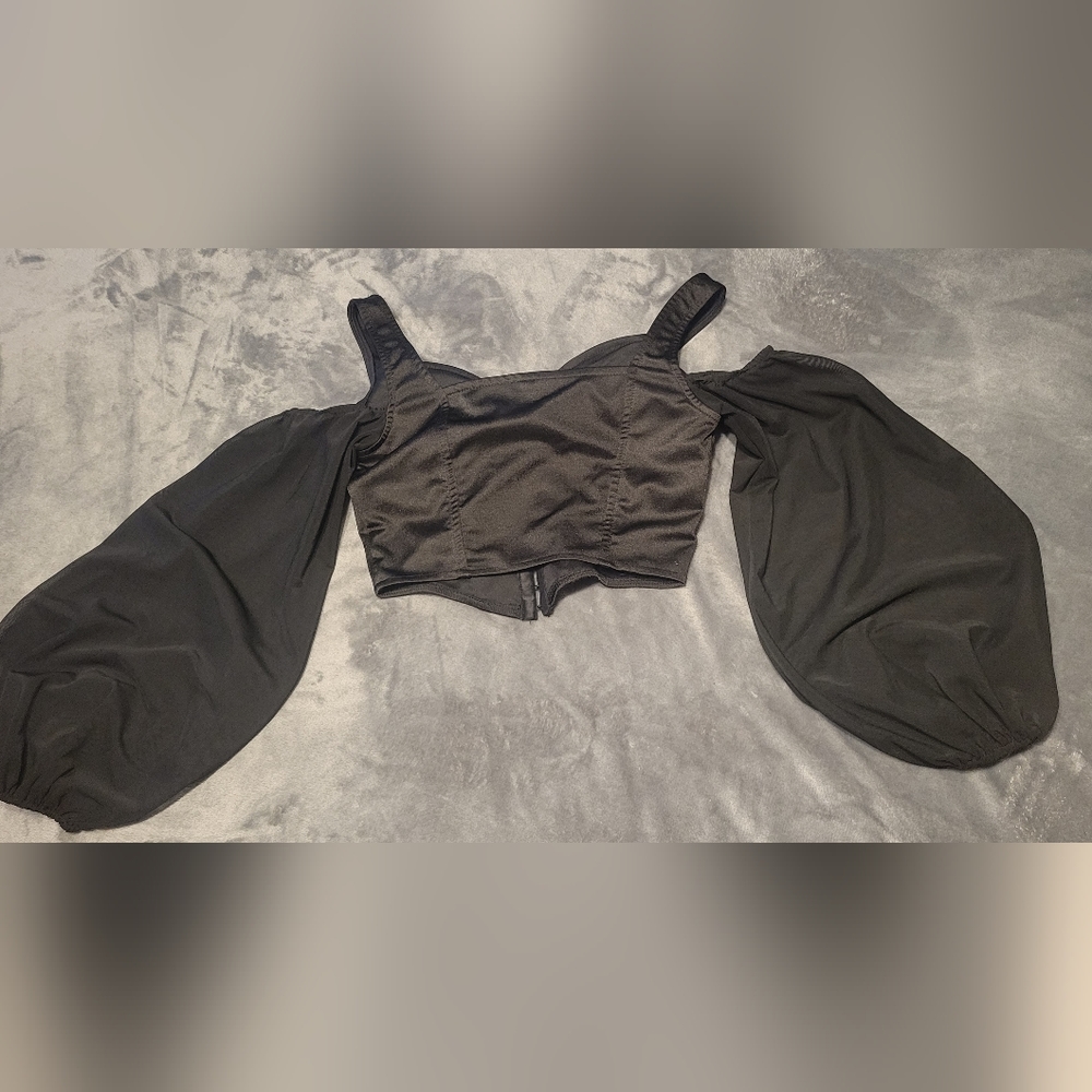 Black Cropped Corset with Mesh Lantern Sleeves - Picture 2 of 3